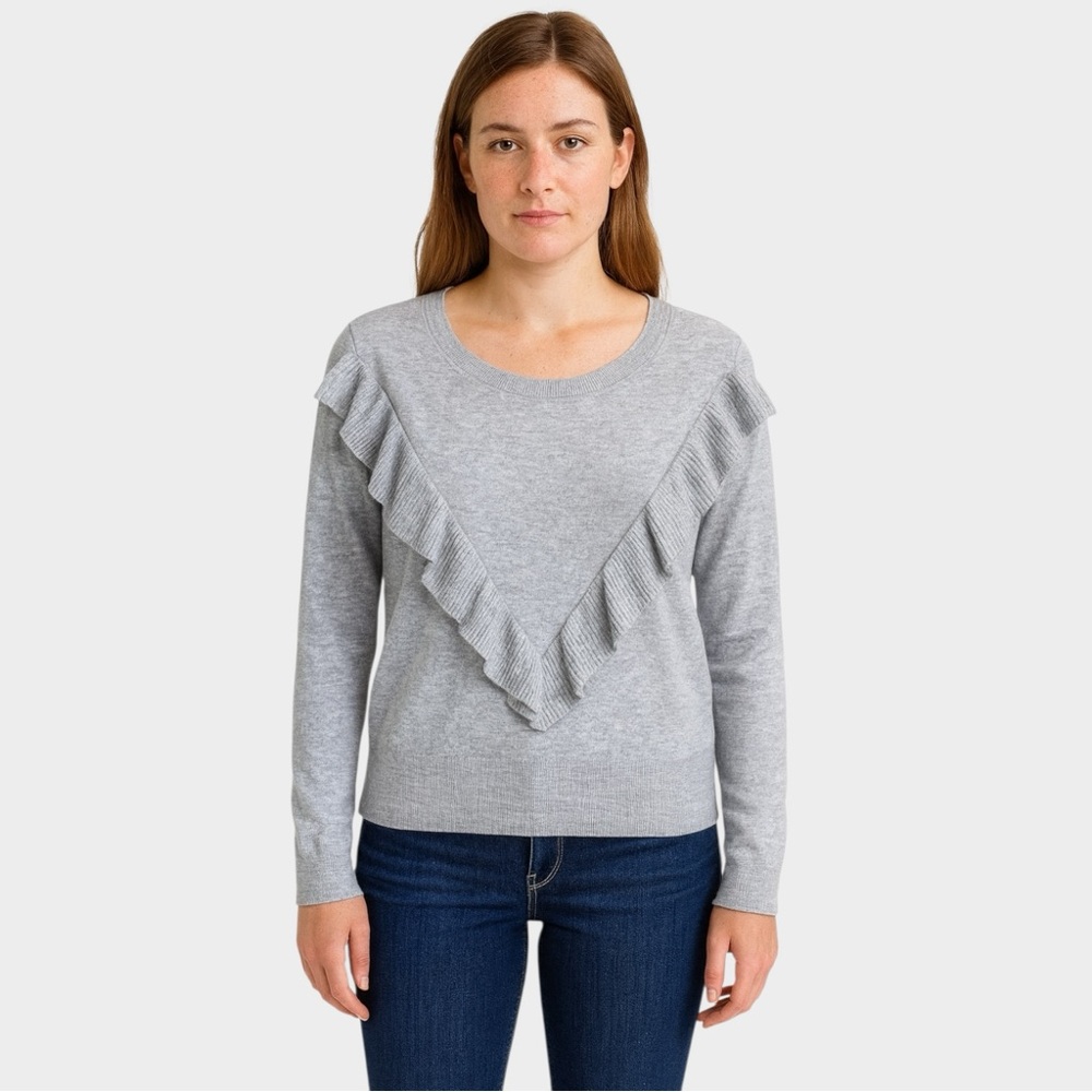 Grey Ruffle Knit Sweater | Cozy Long Sleeve Pullover Heather Grey Size Medium